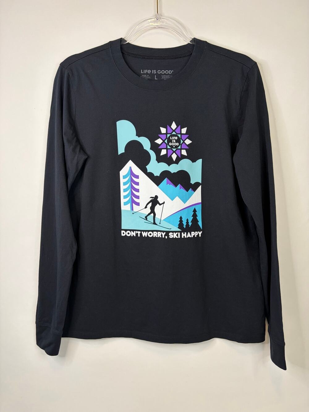 Life is Good Black Long Sleeve 'Don't Worry, Ski Happy' Long Sleeve Tshirt Large